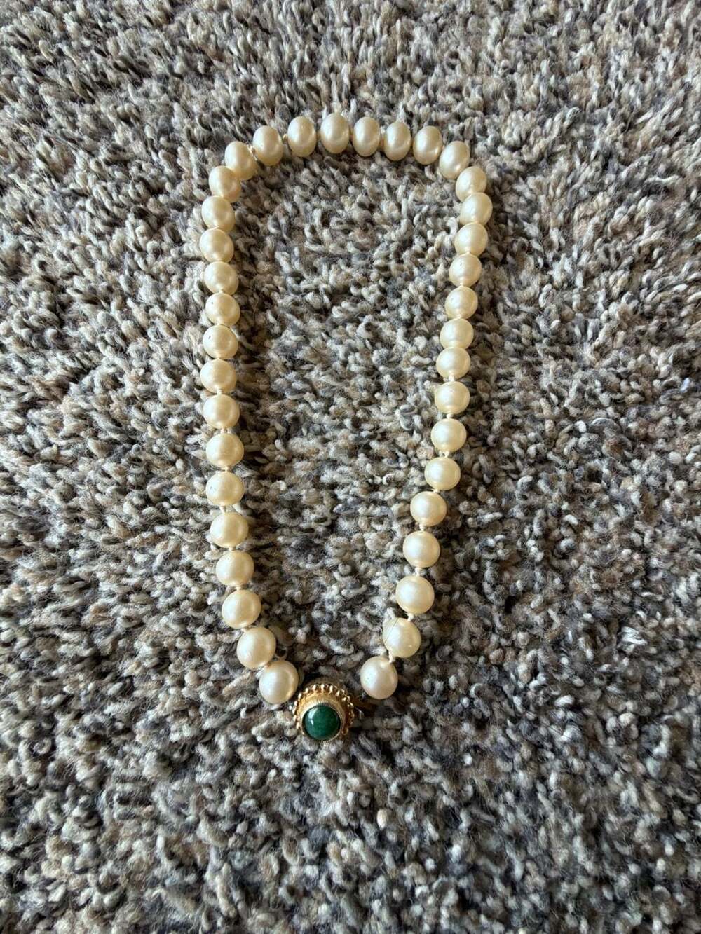 Vintage Faux Pearl Knotted Necklace with Green Cabochon Gold Tone Clasp